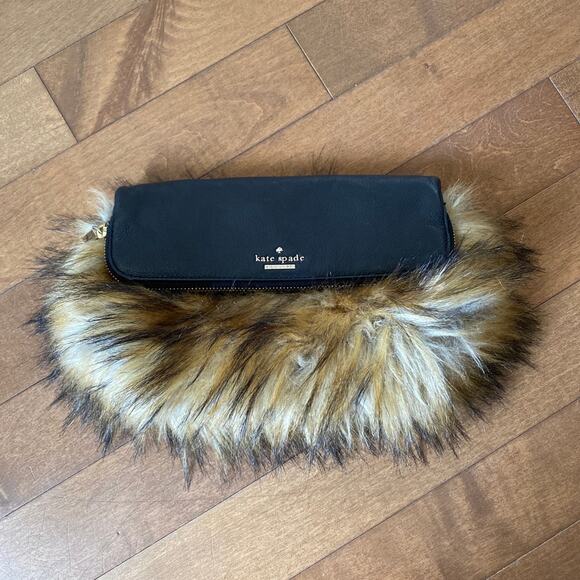 Kate Spade Black/Brown Faux Fox fur and Leather Belles Clutch - Picture 2 of 12